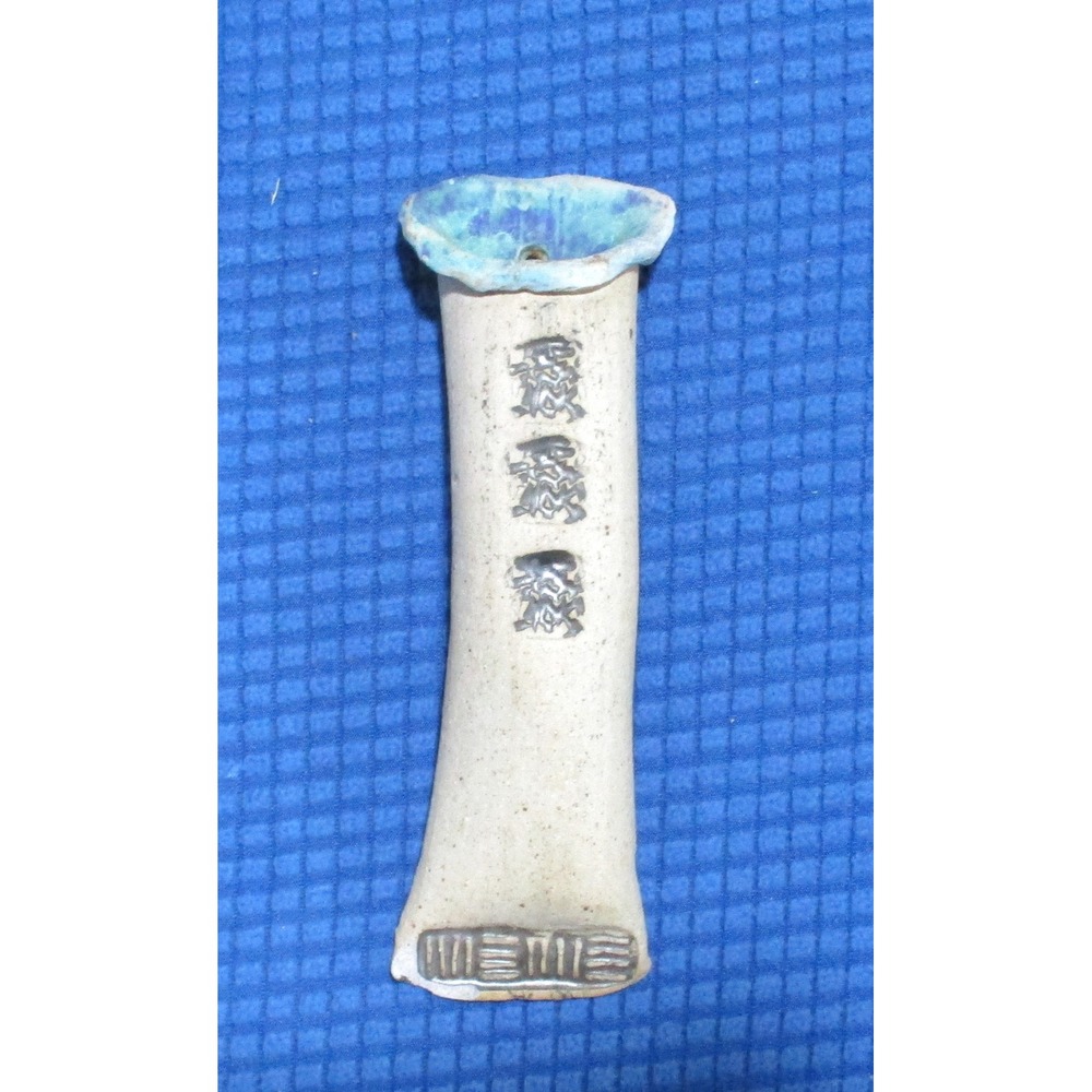 Studio Pottery Wall Pocket Vase Blue Glaze Rim Kanji Characters Stoneware 7in